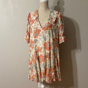 Free People Floral V-Neck Dress with Puff Sleeves